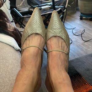 Authentic Salvatore Ferragamo Gold Python Leather Slip ons kitten Heels 7 1/2 -8